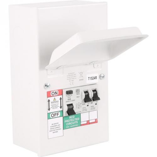 MK K6550SMET 4 mod garage encl.c/w 63A RCD + 2mcb's